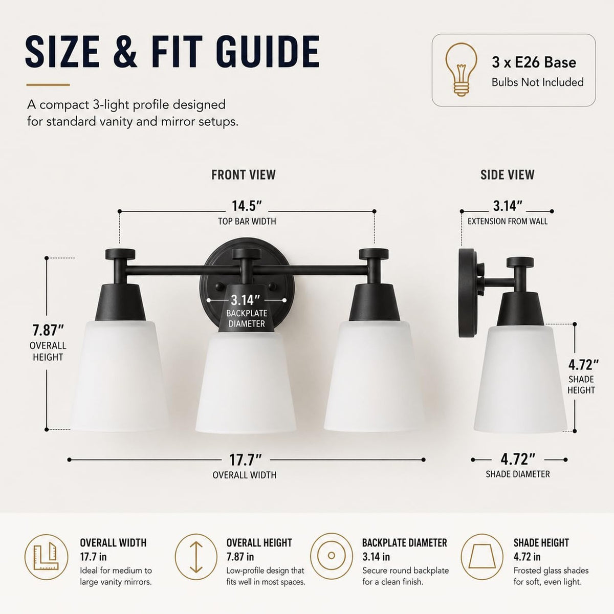 3-Light Bathroom Vanity Light Fixture Matte Black Stainless Steel Frosted Glass Wall Sconce