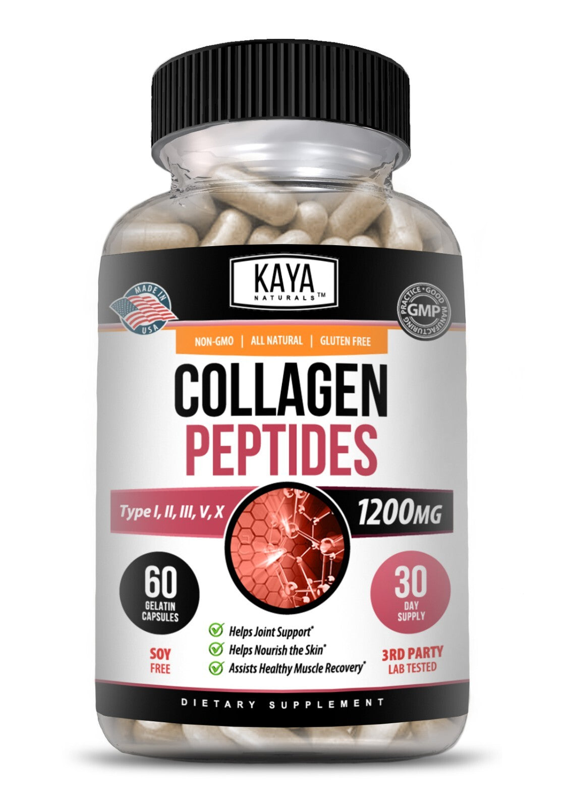 Collagen Peptides Capsules with Hyaluronic Acid - Types I, II, III, V, X 1200mg - 60 Capsules