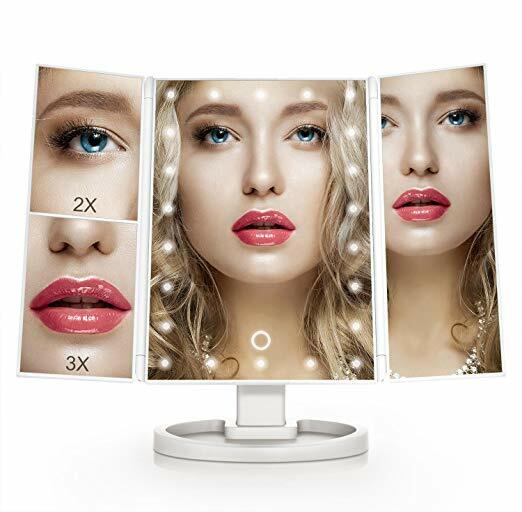 Tri Fold Makeup Mirror with Dimmable LED Lights, Magnifiers, USB or Battery Power