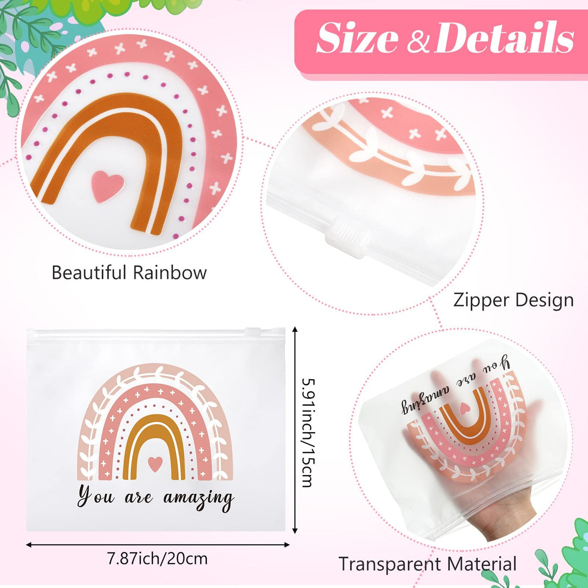 Rainbow Inspirational Cosmetic Bag Set - 50 Pouches, Waterproof EVA, 7.87 x 5.91 Inches