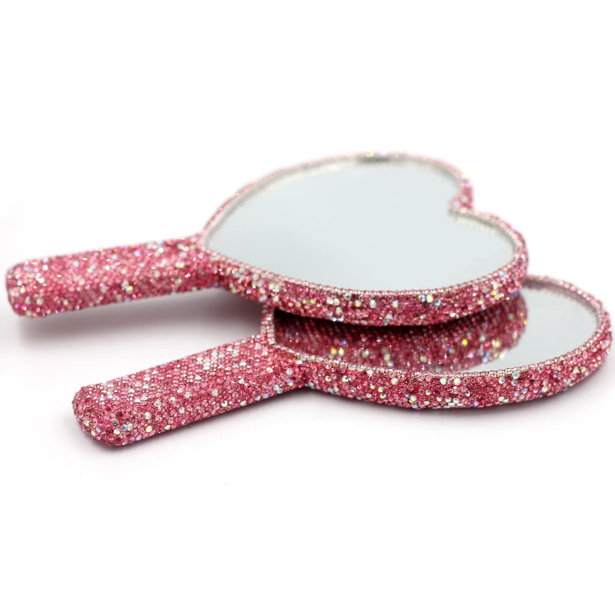 Pink Heart-Shaped Makeup Mirror with Rhinestones - Portable Handheld Cosmetic Mirror
