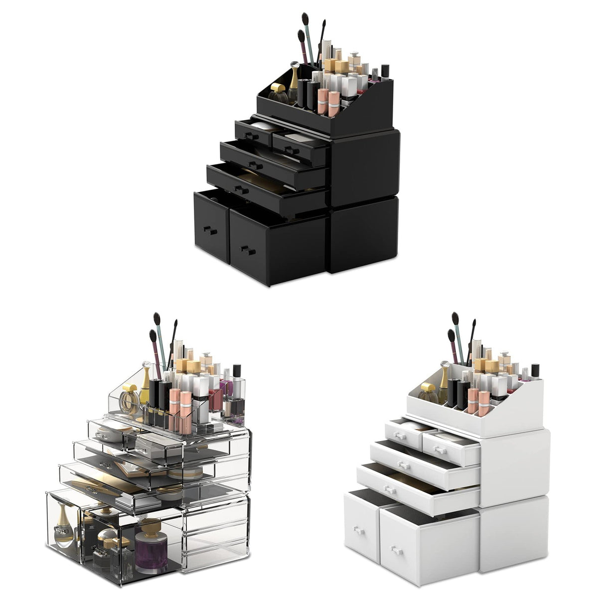 White Makeup Organizer with 6 Drawers and Compartments - 3-Piece Storage Case