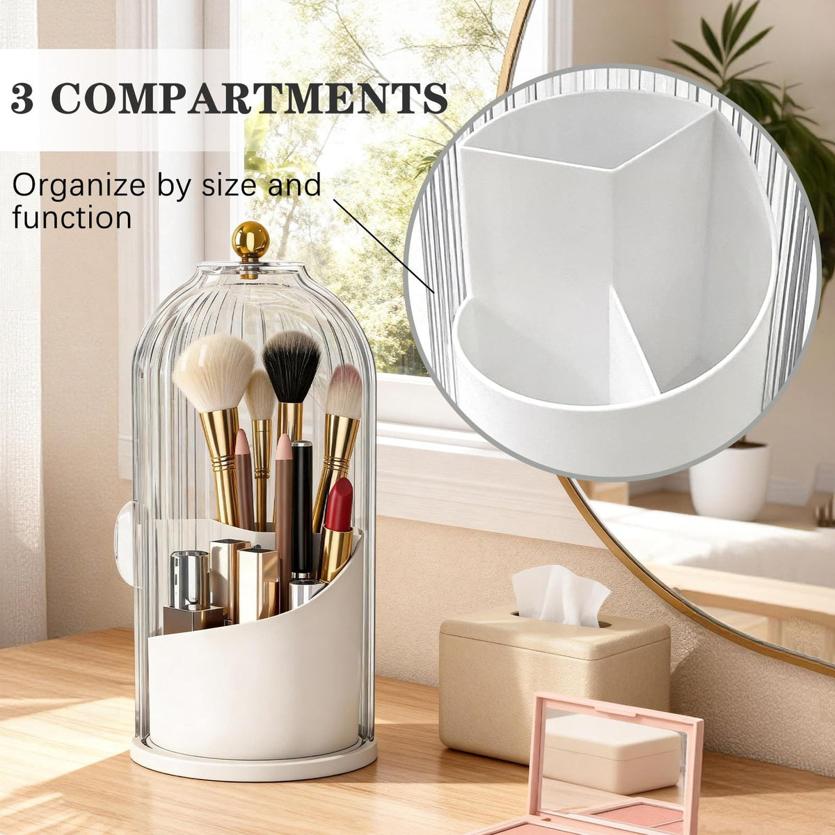 Makeup Brush Holder with Lid 3-Compartment Rotating Organizer Dustproof