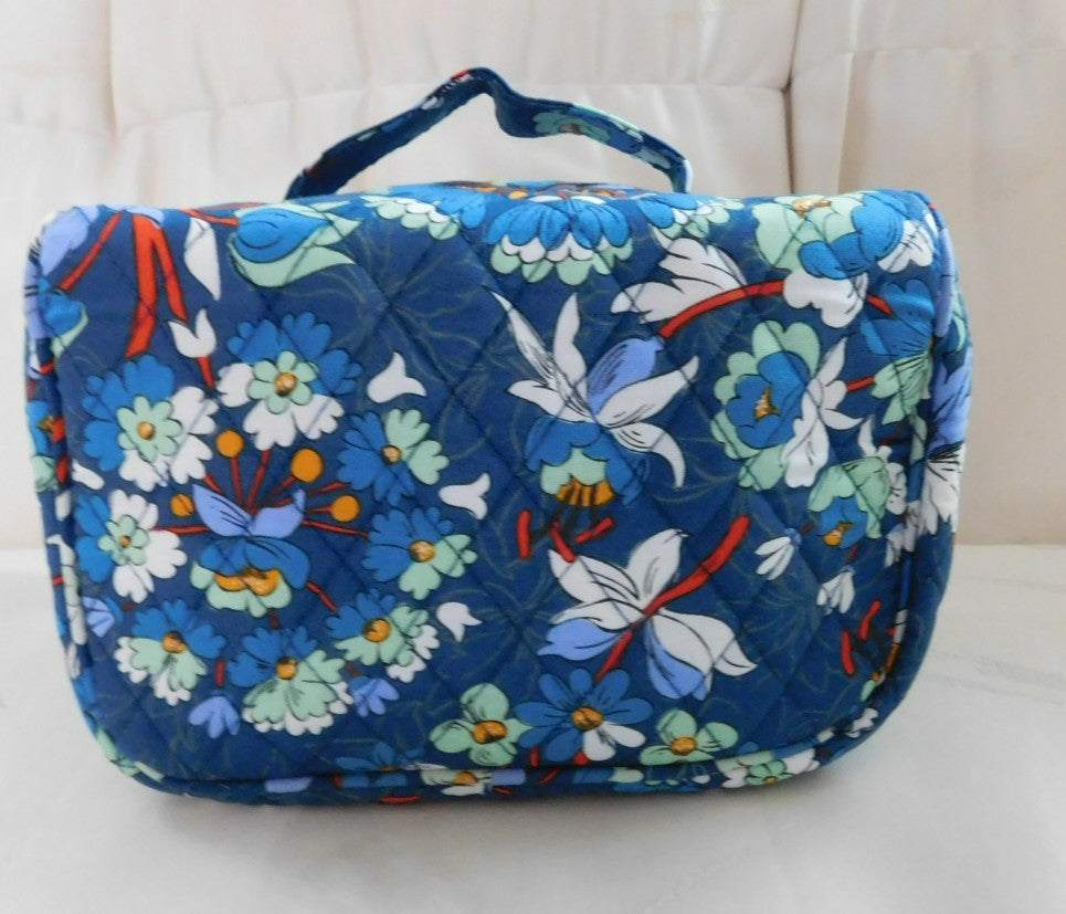 Travel Cosmetic Bag - Floral Pattern, Blue, Zip Closure, Inner & Mesh Pockets