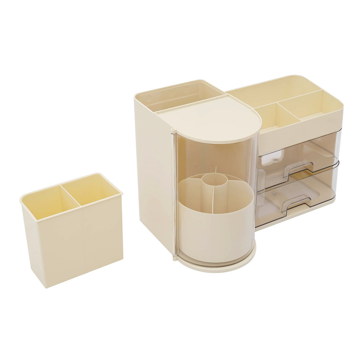 Rotating Makeup Brush Holder with Drawers - Milky White Vanity Organizer