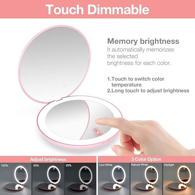 Portable Folding Makeup Mirror with LED Lights & 10X Magnification