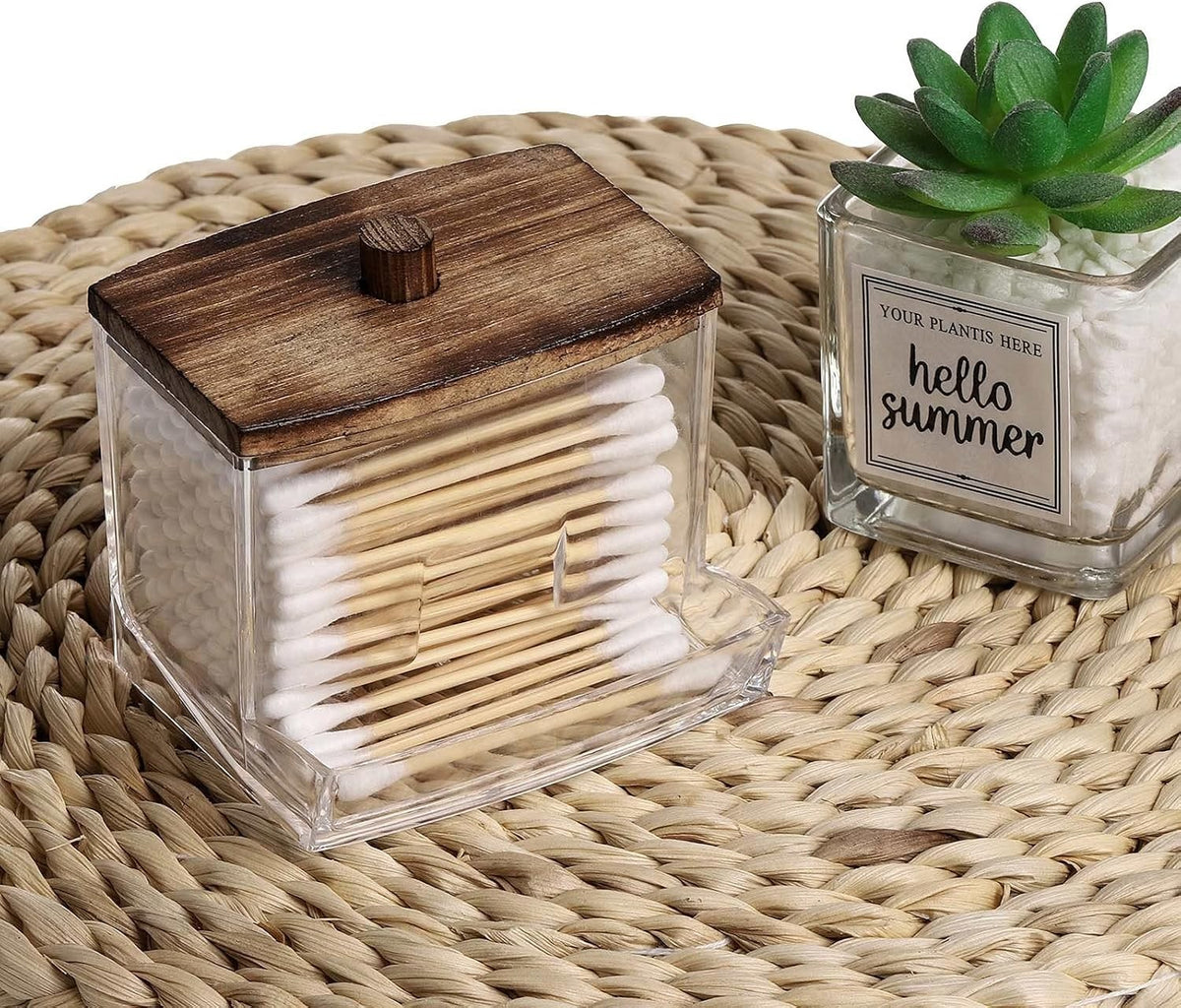 Cotton Swab Holder with Wooden Lid - Stylish Bathroom & Desk Organizer
