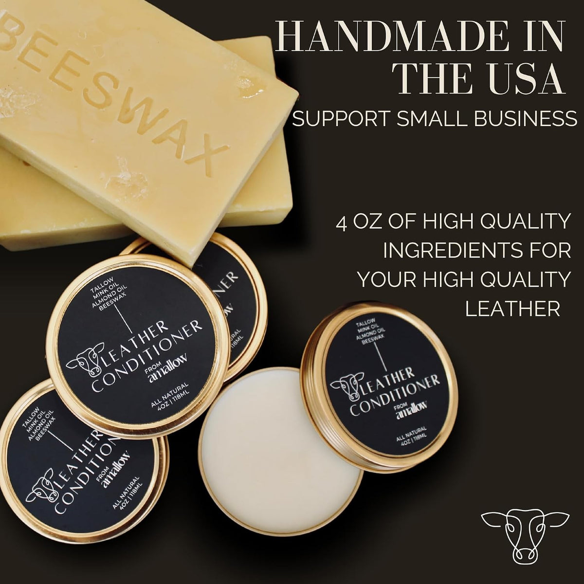 Leather Conditioner Balm with Mink Oil, Beeswax & Tallow - All Natural Leather Care