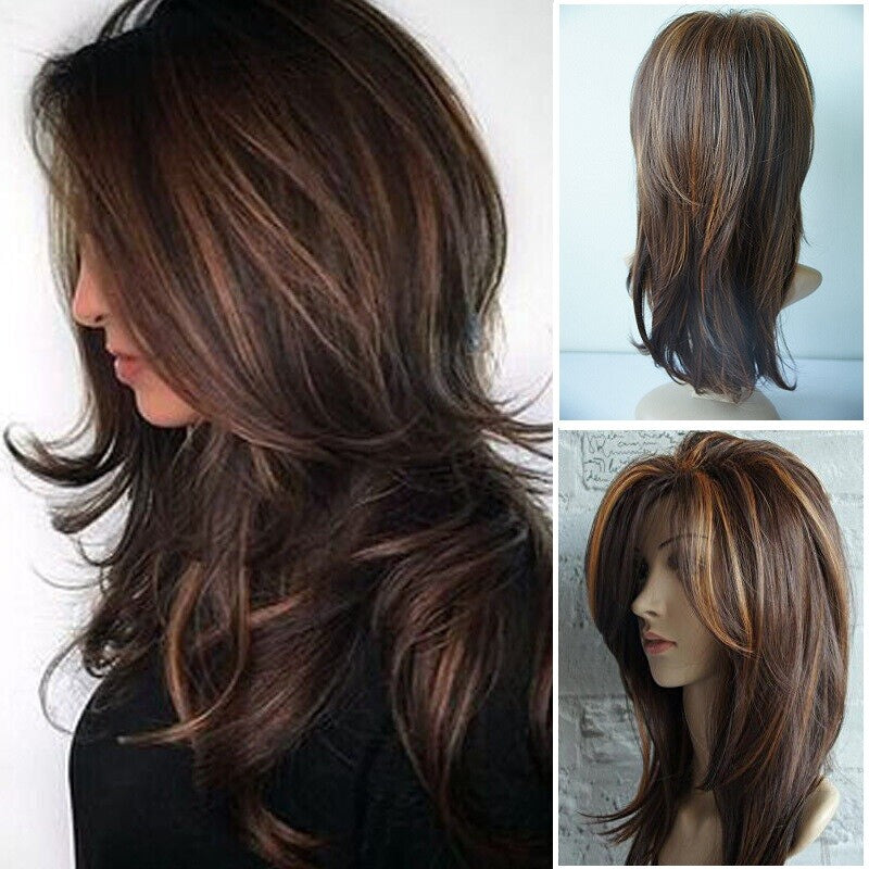 Women Dark Brown Ombre Curly Wig with Gold Highlights Shoulder Length Synthetic Hair