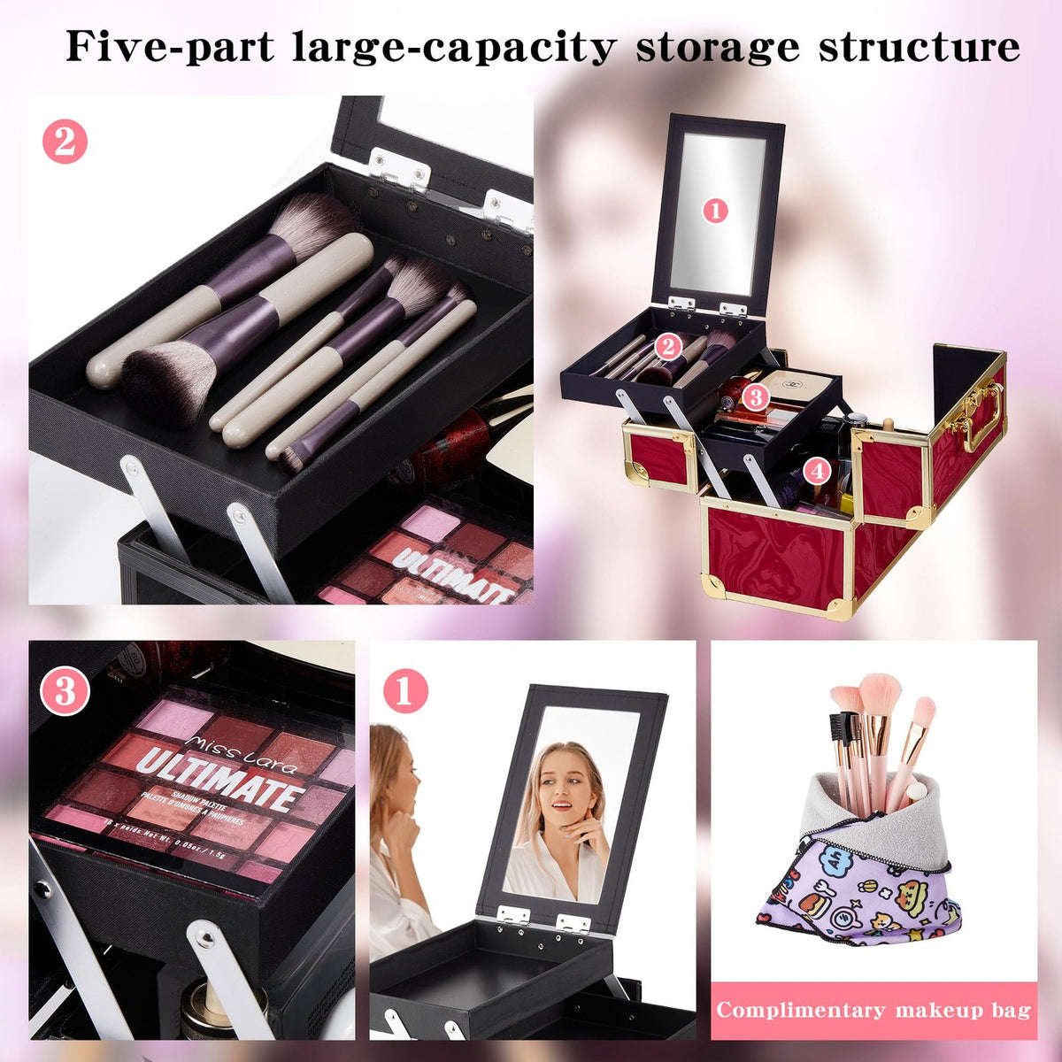 Portable Makeup Train Case with Mirror and 2 Trays - Red Travel Cosmetic Organizer