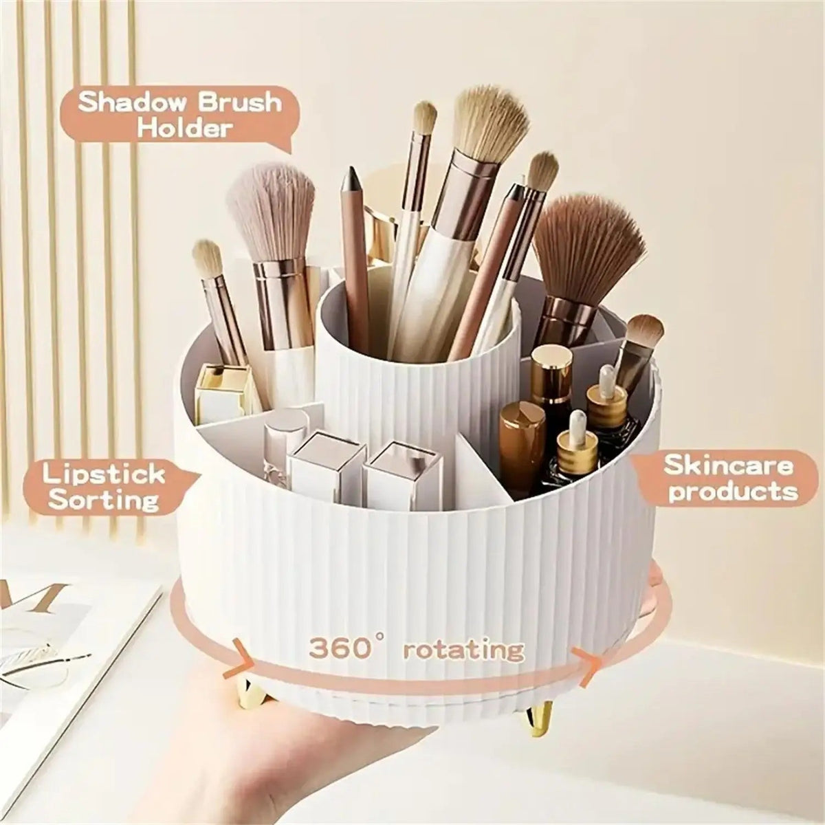 Rotating Makeup Organizer with Brush Holder and Perfume Tray - Elegant Storage Solution