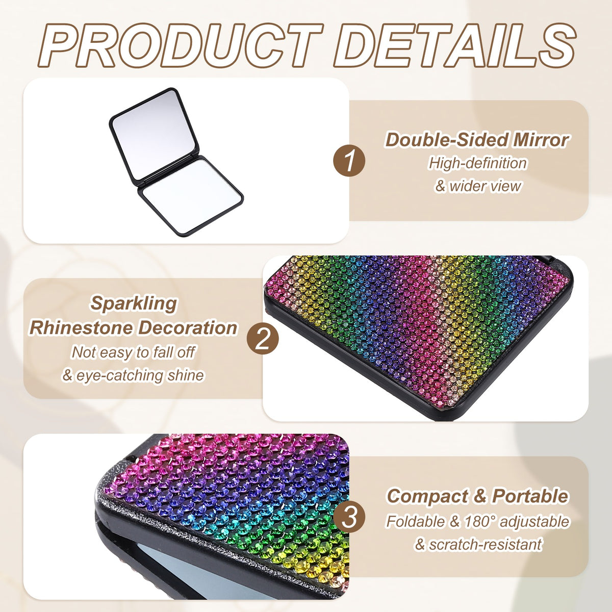Rhinestone Double-Sided Compact Mirror - Foldable Pocket Makeup Mirror