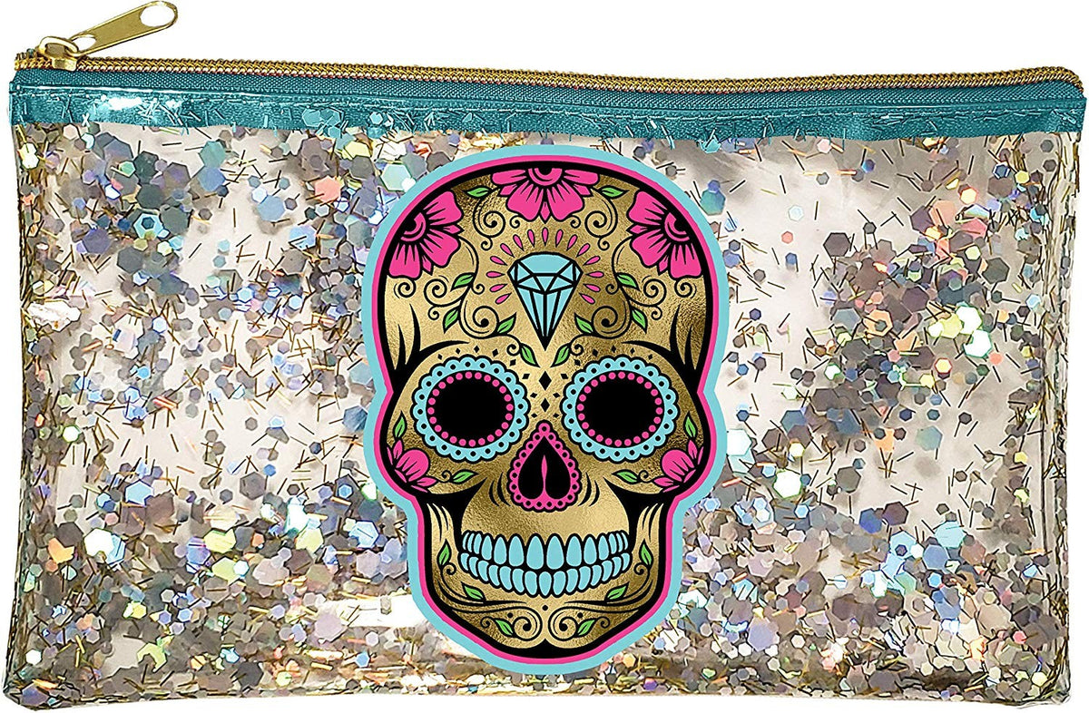 Glitter Cosmetic Bag with Sugar Skull Design – 10x6.5 Inches, Multicolor Vinyl