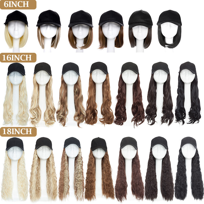 Baseball Cap with Synthetic Hair Extensions - Straight, Curly, Wavy Fits Most