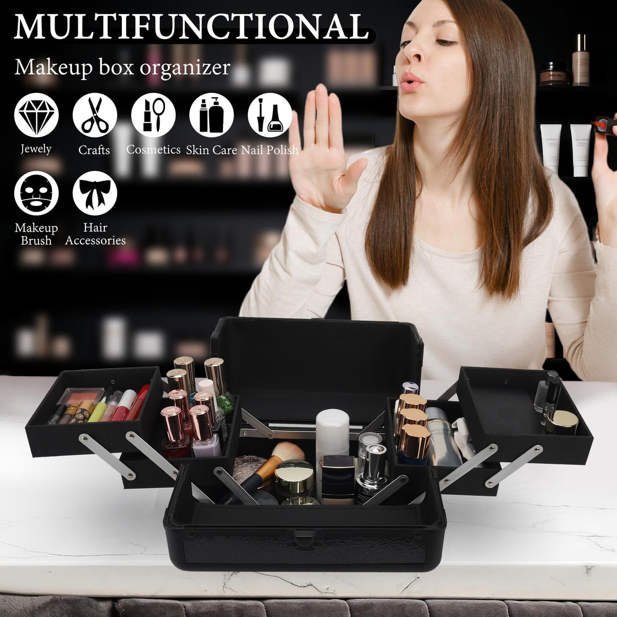 Makeup Train Case 10.2 Inch with 4 Trays - Starry Black Cosmetic Organizer Box
