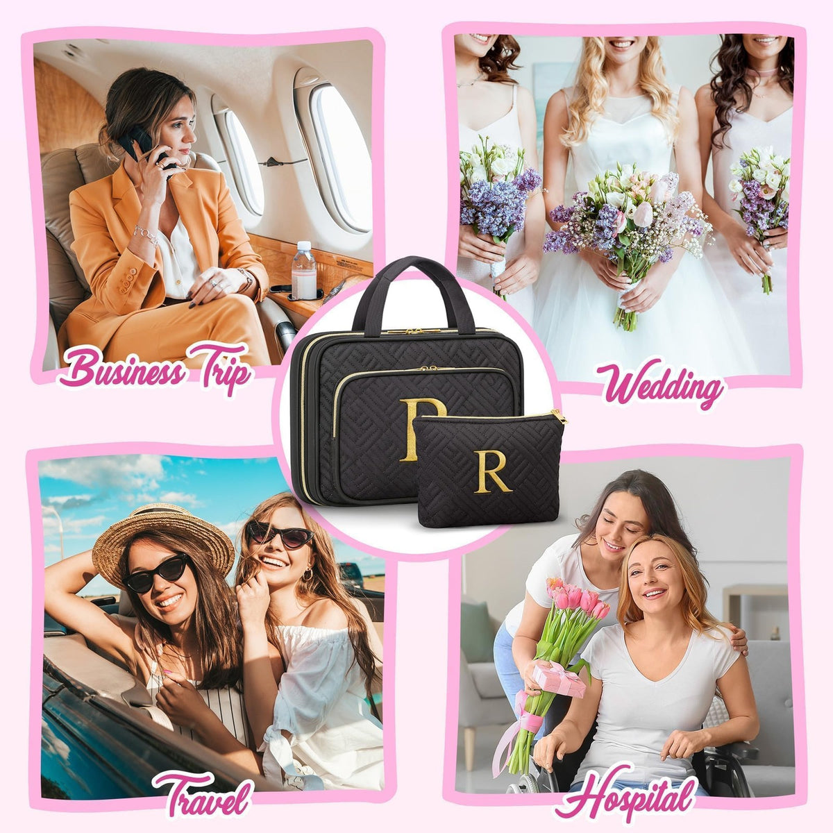 Personalized Hanging Makeup Bag with Initials Travel Toiletry Organizer