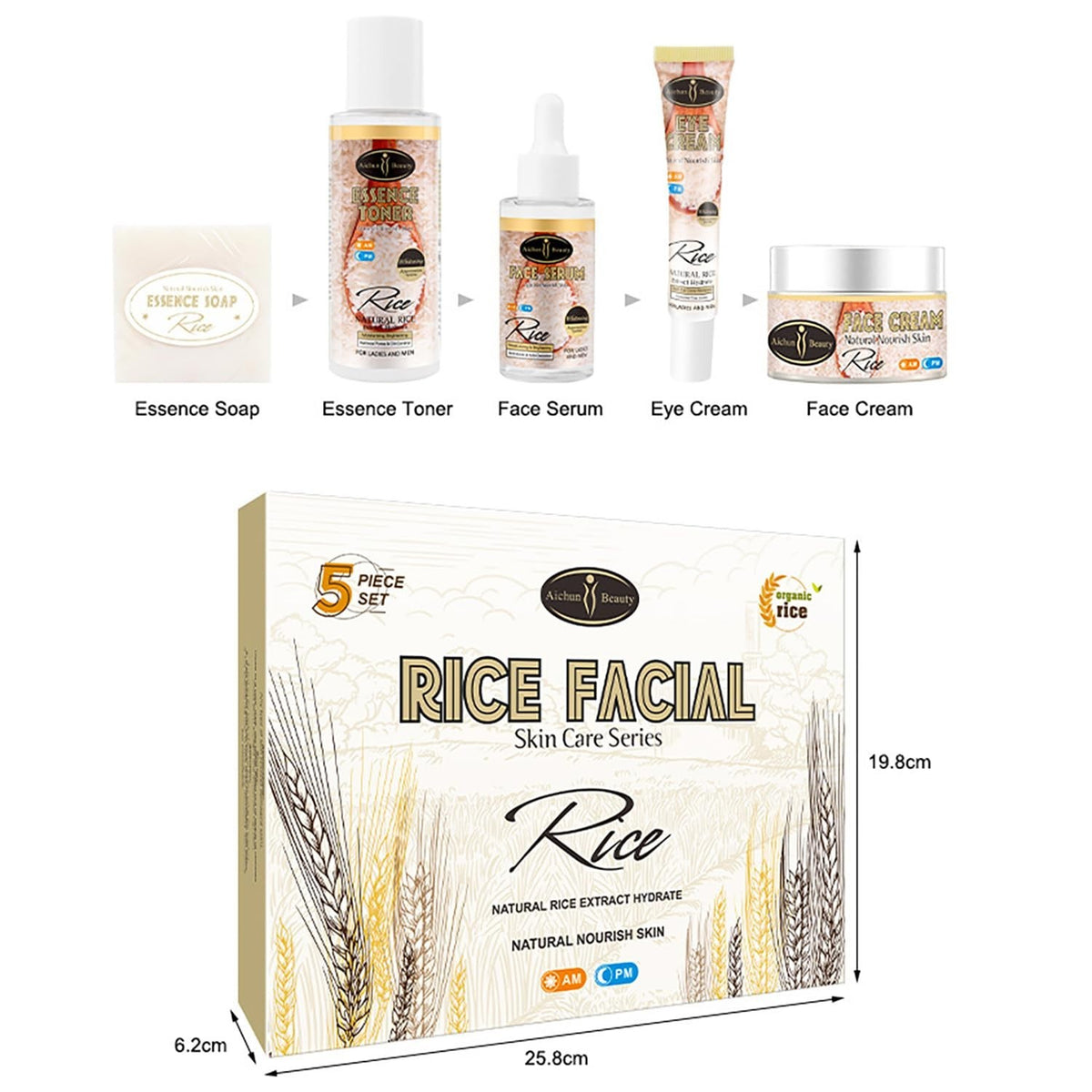 Organic Rice Facial Skincare Set with Cleansers, Toner, Cream & Eye Cream - 5PCS