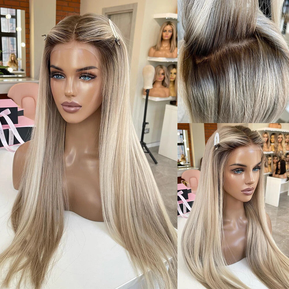 Long Straight Brown Blonde Lace Front Wig - Heat Resistant Synthetic Hair