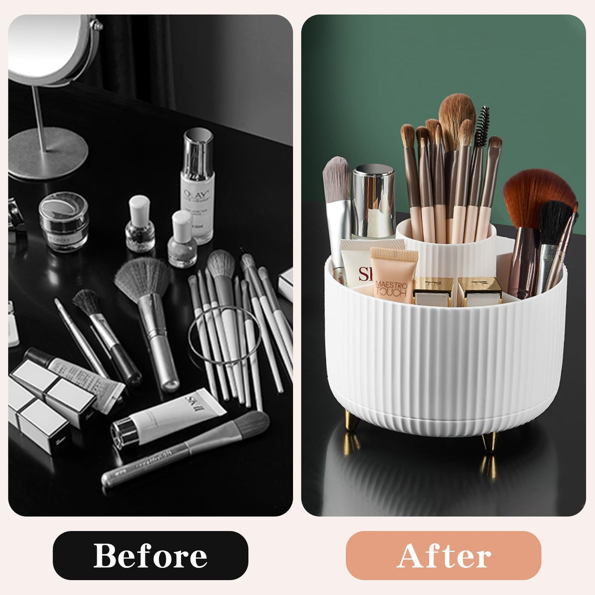 360° Rotating Makeup Brush Holder Organizer, White Vanity Storage