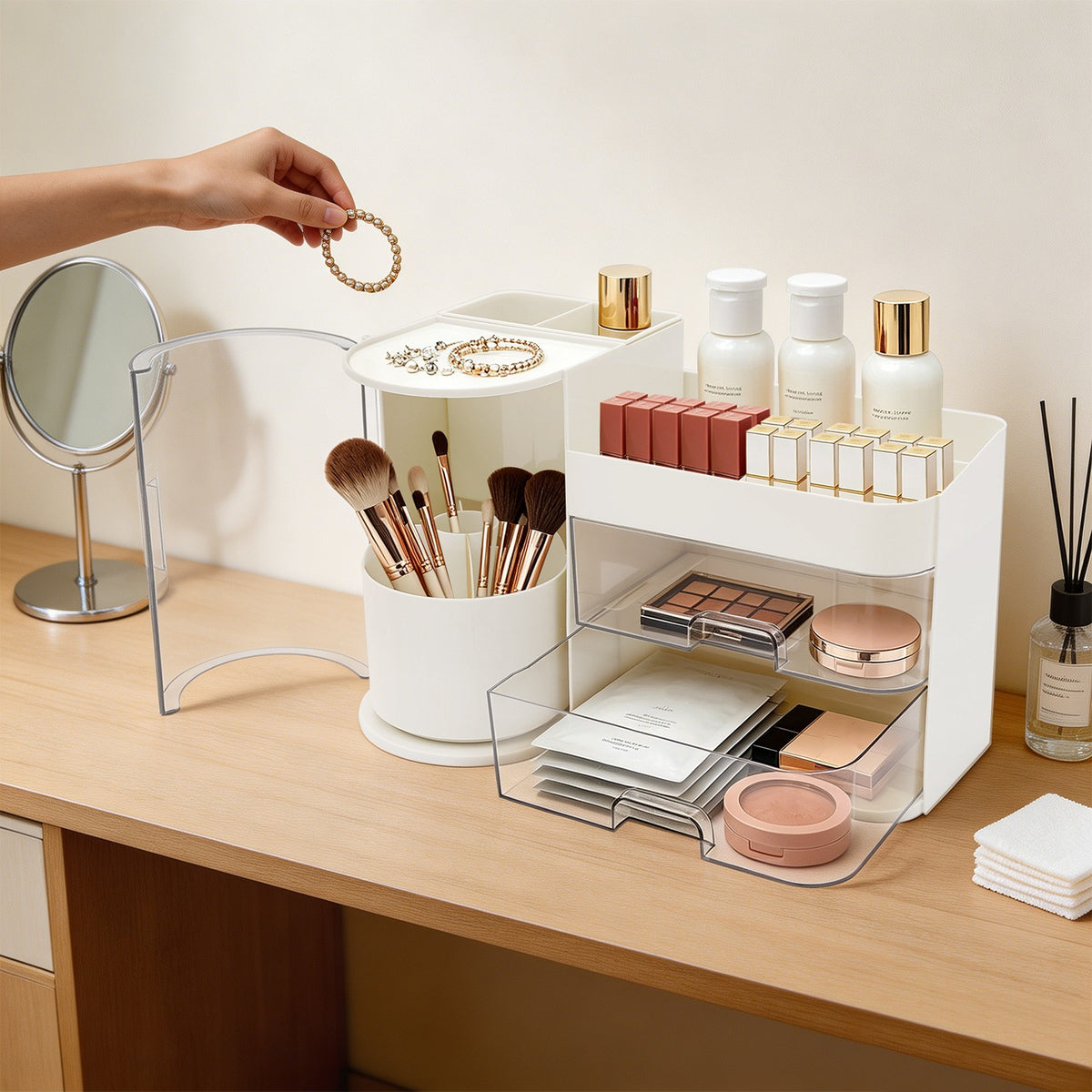 Rotating Makeup Organizer with Drawers and Brush Holder - White