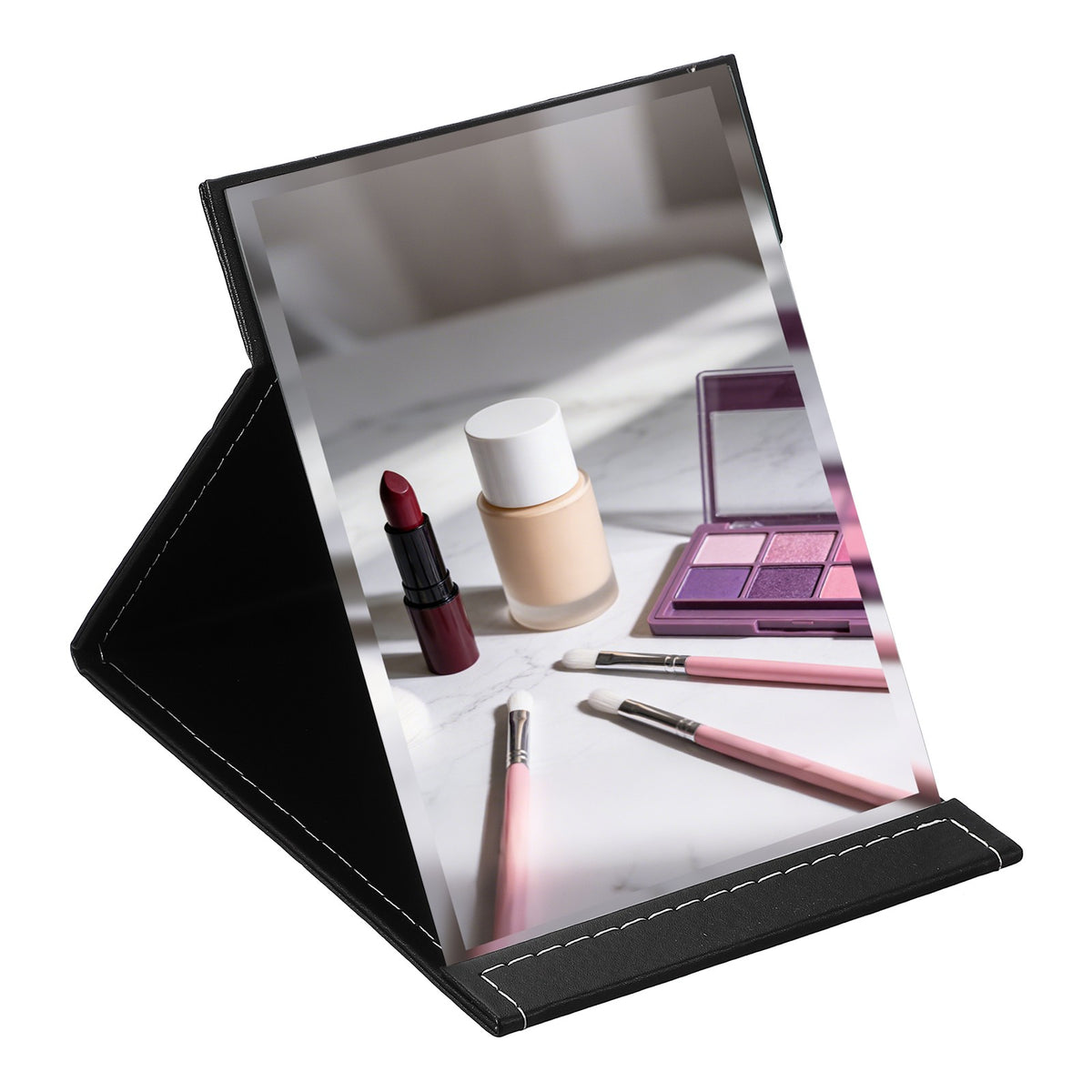 Foldable Travel Desk Mirror with Stand 6x8.1 Inches Black Leather