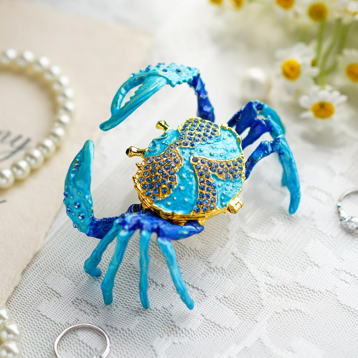 Crab Jewelry Trinket Box with Rhinestones, Decorative Animal Jewelry Storage
