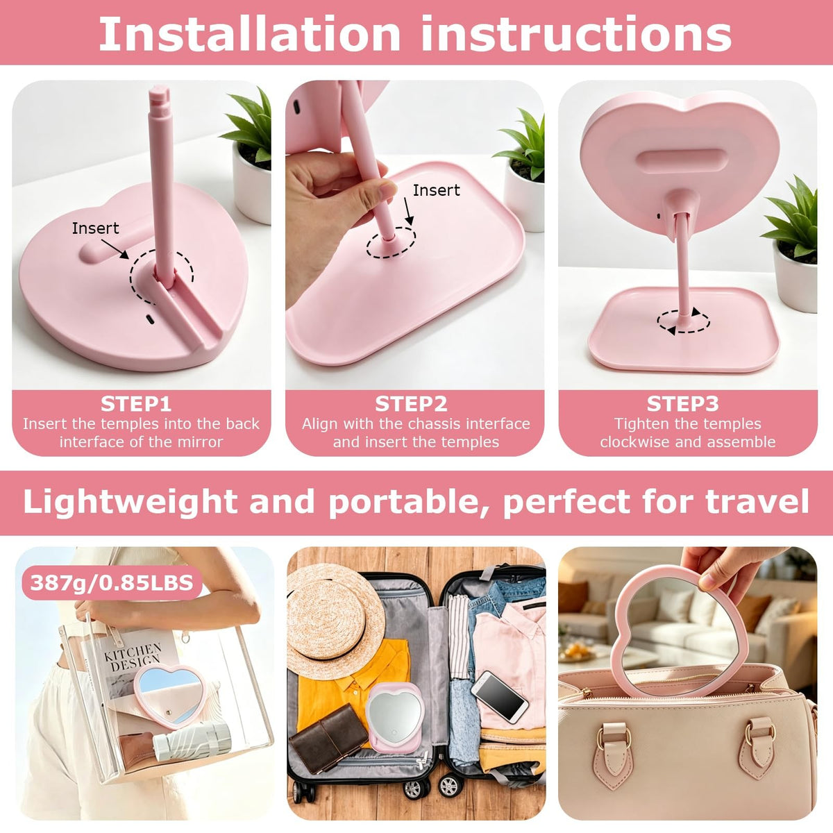 Heart-Shaped Vanity Mirror with 3 Light Colors and Dimming, 11x9 Inch