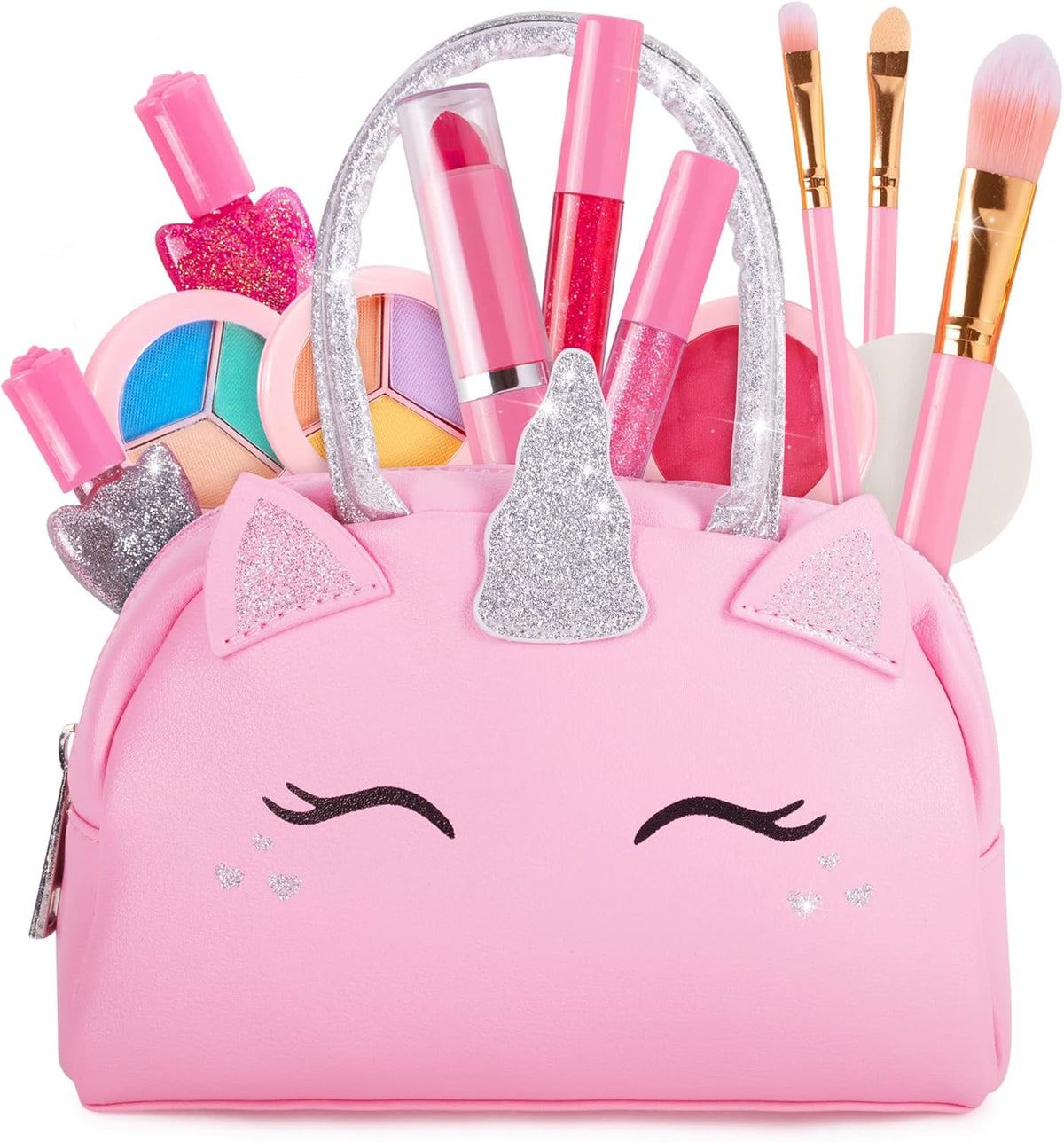 Kids Makeup Kit with Pink Unicorn Purse, Non-Toxic Washable Cosmetic Set for Girls