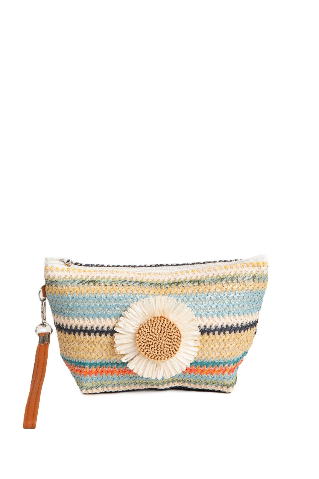 Large Travel Pouch with Multi-Colored Stripes and Daisy Pattern, Zipper Closure