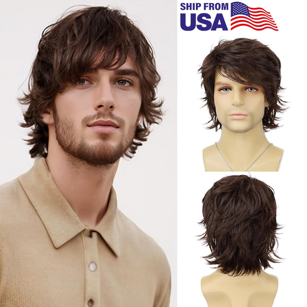Mens Brown Short Layered Wavy Heat-Resistant Synthetic Wig for Cosplay & Casual