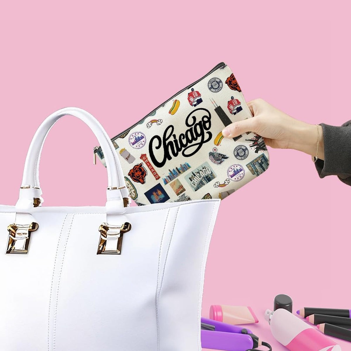 Chicago Themed Makeup Bag - Travel Cosmetic Pouch for Women & Girls