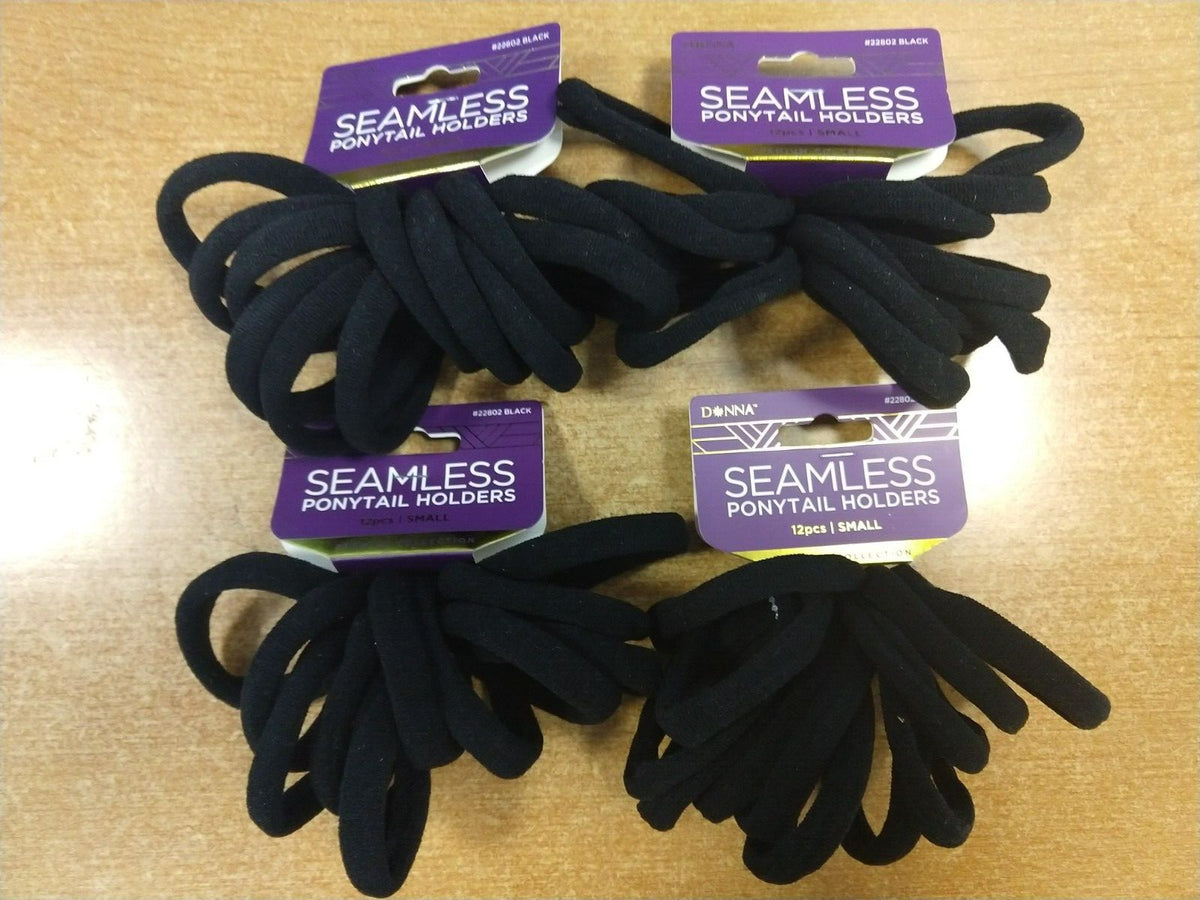 4 Pack: Donna Seamless Black Ponytail Holders, Small, 12 Pcs. Ea. 11E