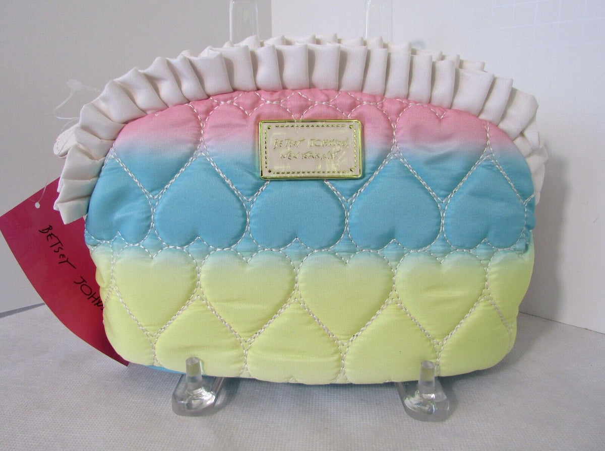 Large Rainbow Hearts Quilted Makeup Bag with Ruffle - Betsey Johnson