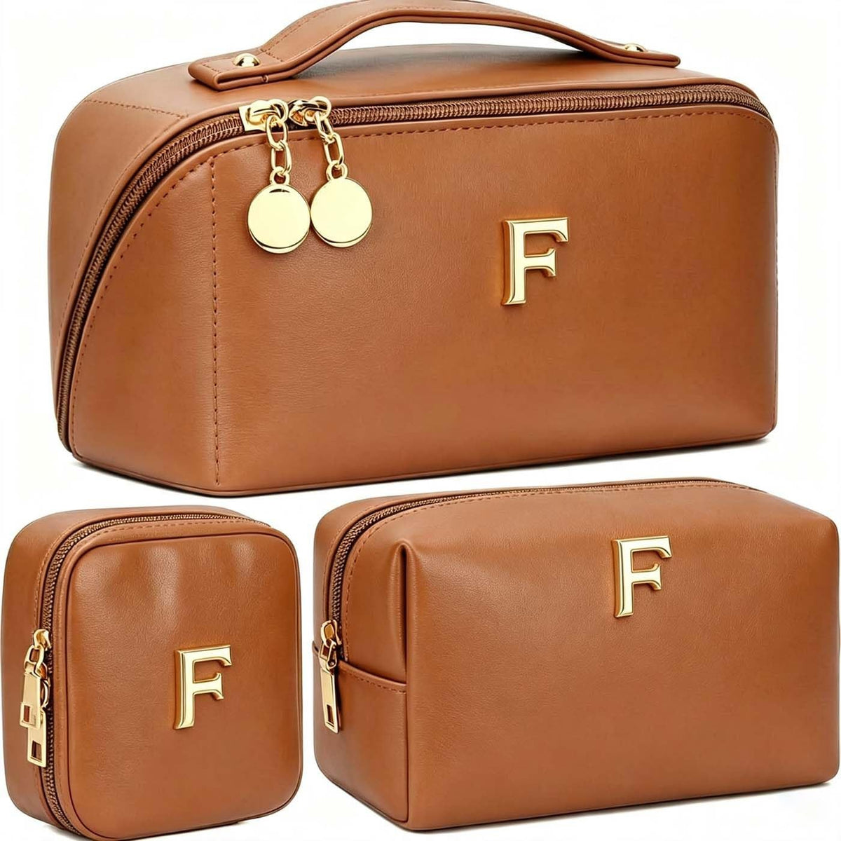 Personalized Initial Makeup Bag - Brown Travel Cosmetic Organizer