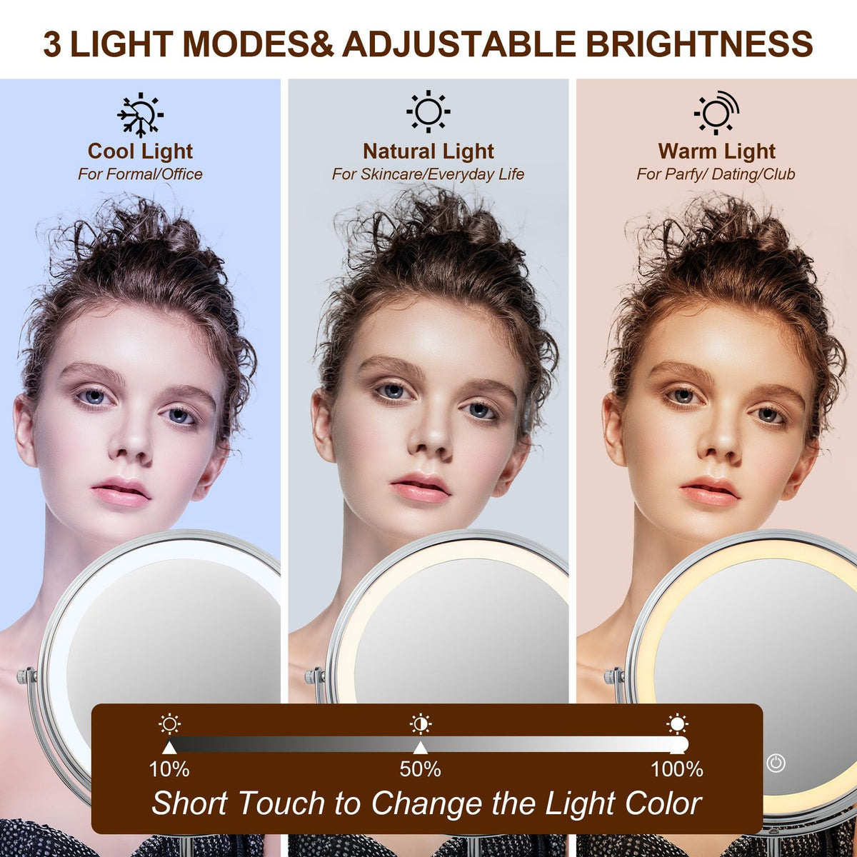 Lighted Makeup Mirror with 3 Lighting Modes, 8-Inch Adjustable Height, 10X Magnification
