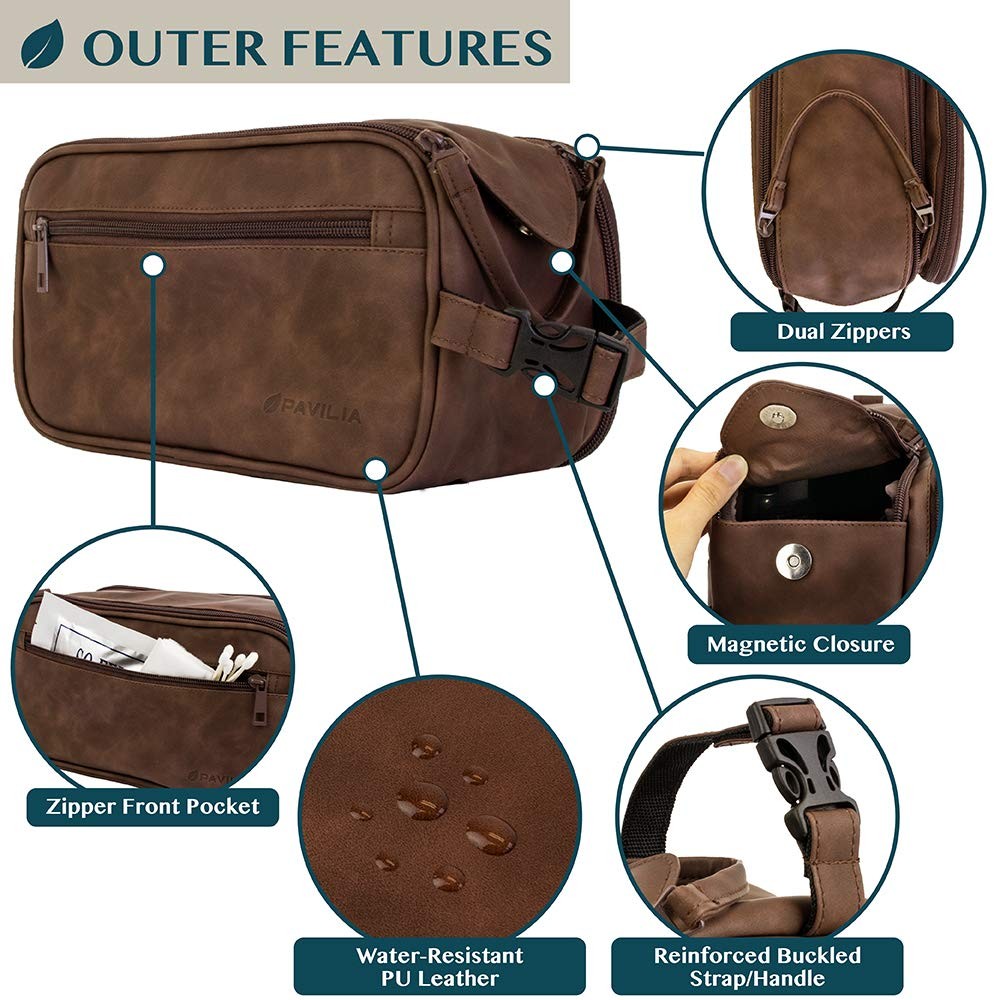 Men's Travel Toiletry Bag Leather Dopp Kit Organizer with Water-Resistant Interior