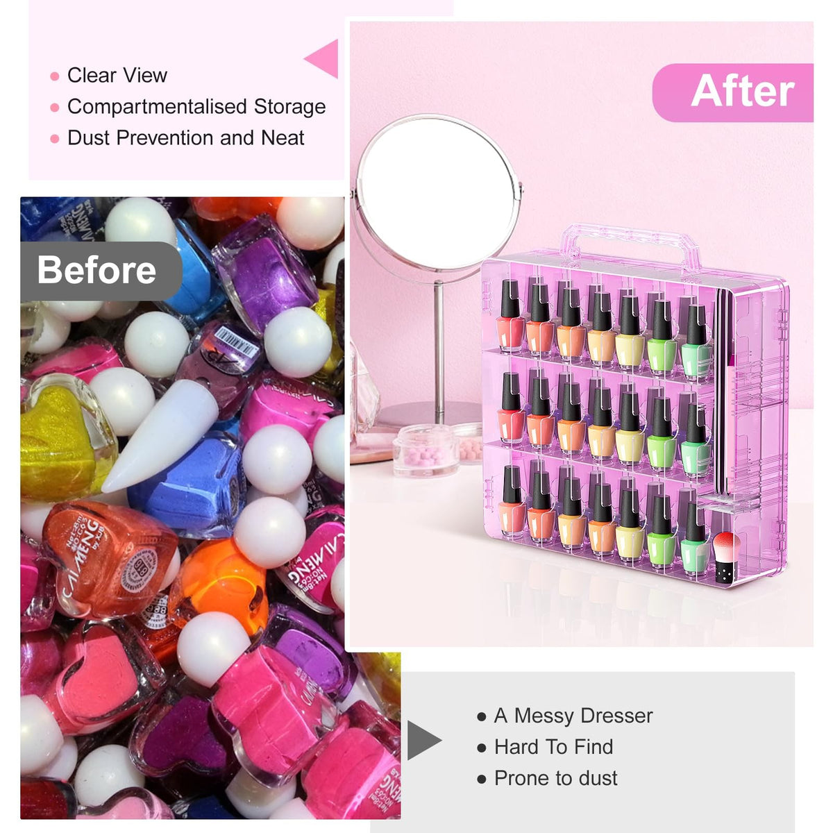 Pink Double-Side Nail Polish Organizer Case with Adjustable Dividers, Holds 48 Bottles