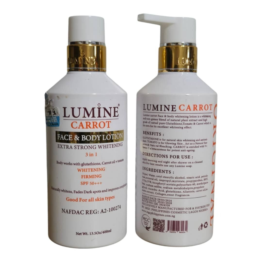 Lumine Carrot Brightening Firming Lotion SPF 50++ for Face & Body 2 Pack 400ml