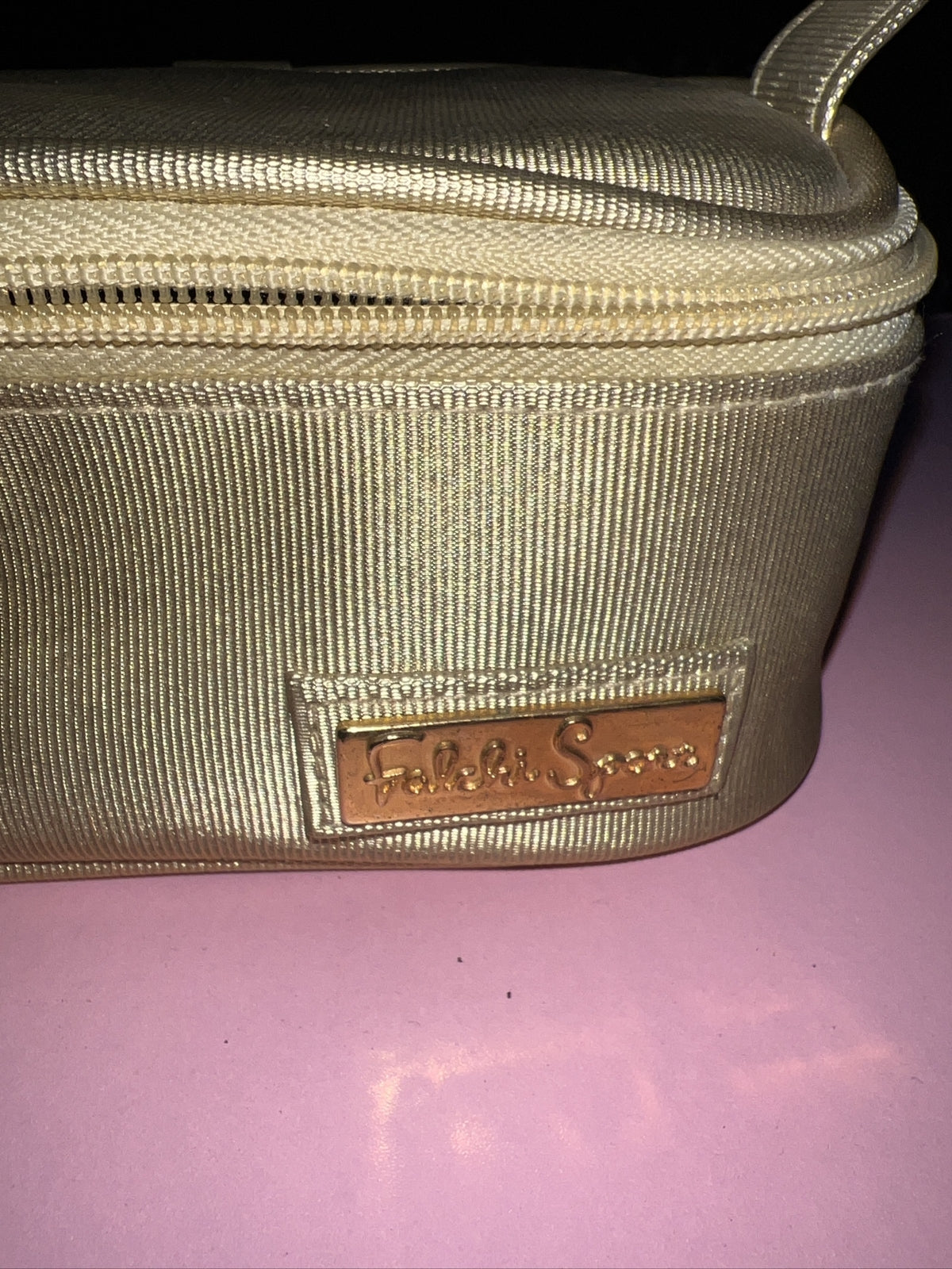 Vintage Gold Tone Top Handle Makeup Bag - Lined, Full Zip, New