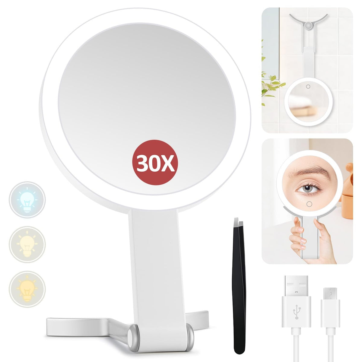 Lighted Makeup Mirror with 30X Magnification and Adjustable Brightness - Portable Vanity Mirror for Women
