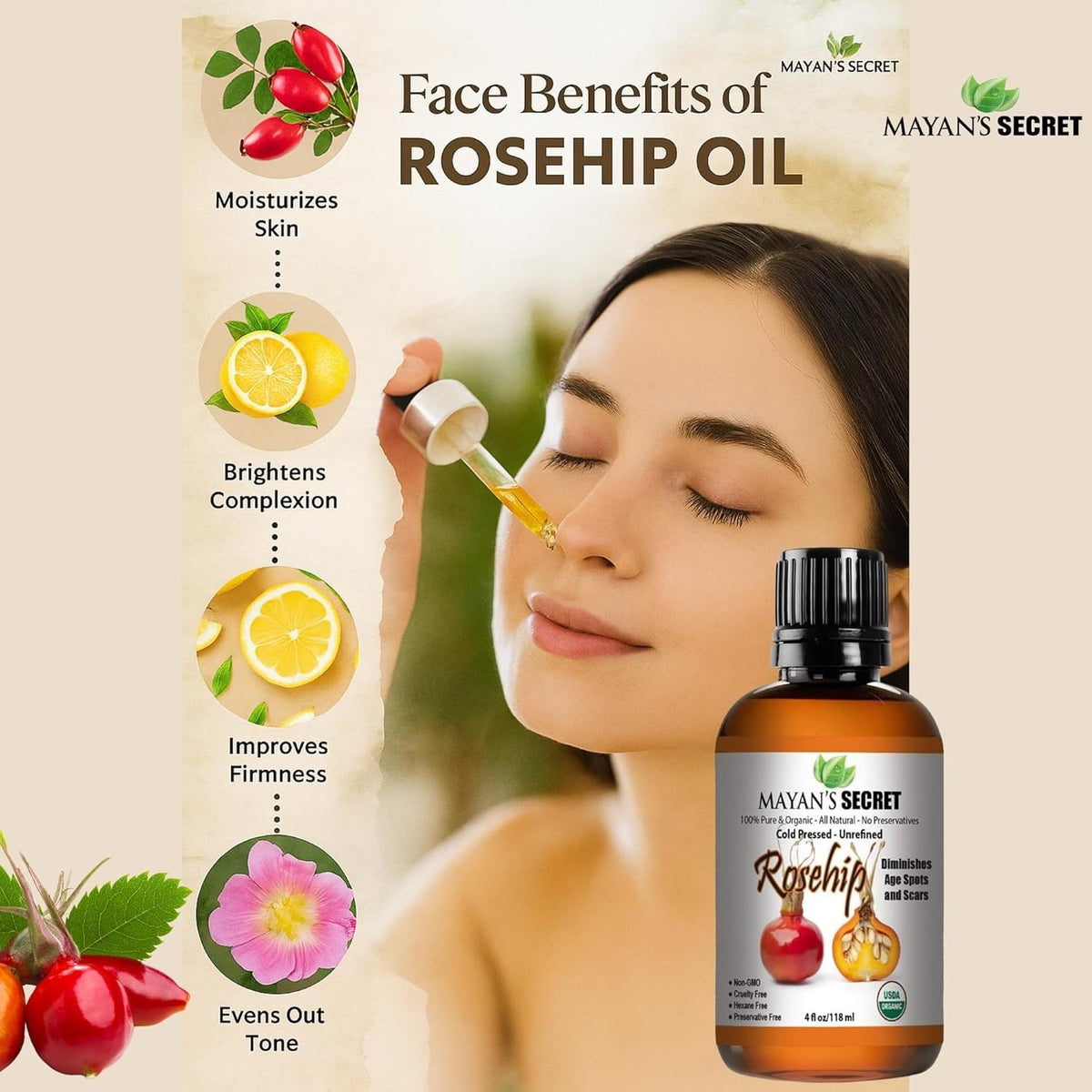 Organic Rosehip Oil 4oz - Pure Cold Pressed Skin & Body Moisturizer