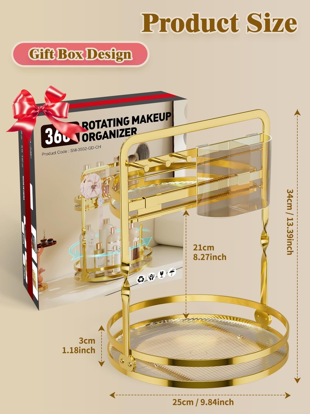 Rotating Makeup Organizer with 2-Tier Storage and Jewelry Hooks - Gold