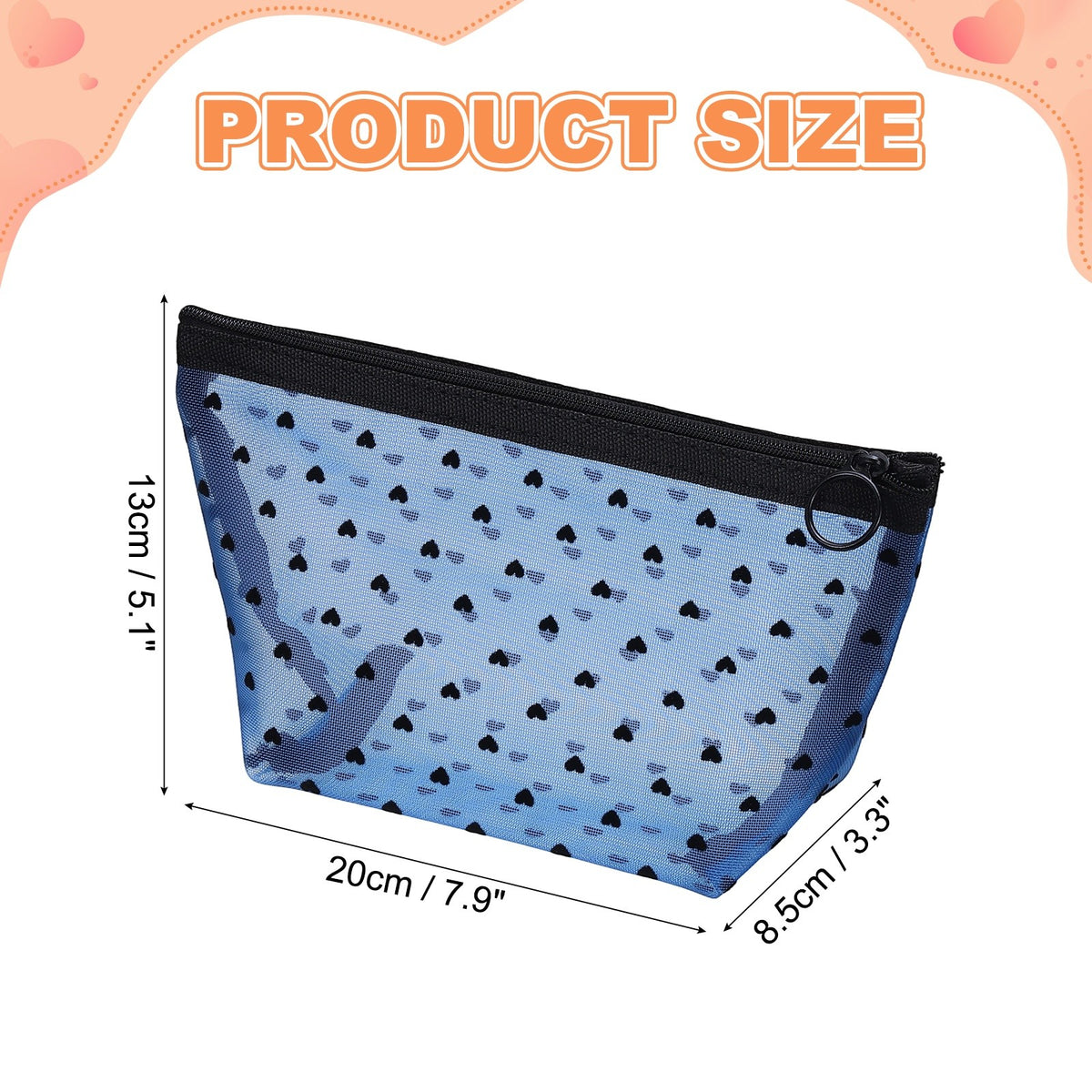 2 Pack Mesh Makeup Bags with Heart Print - Portable Cosmetic Organizer