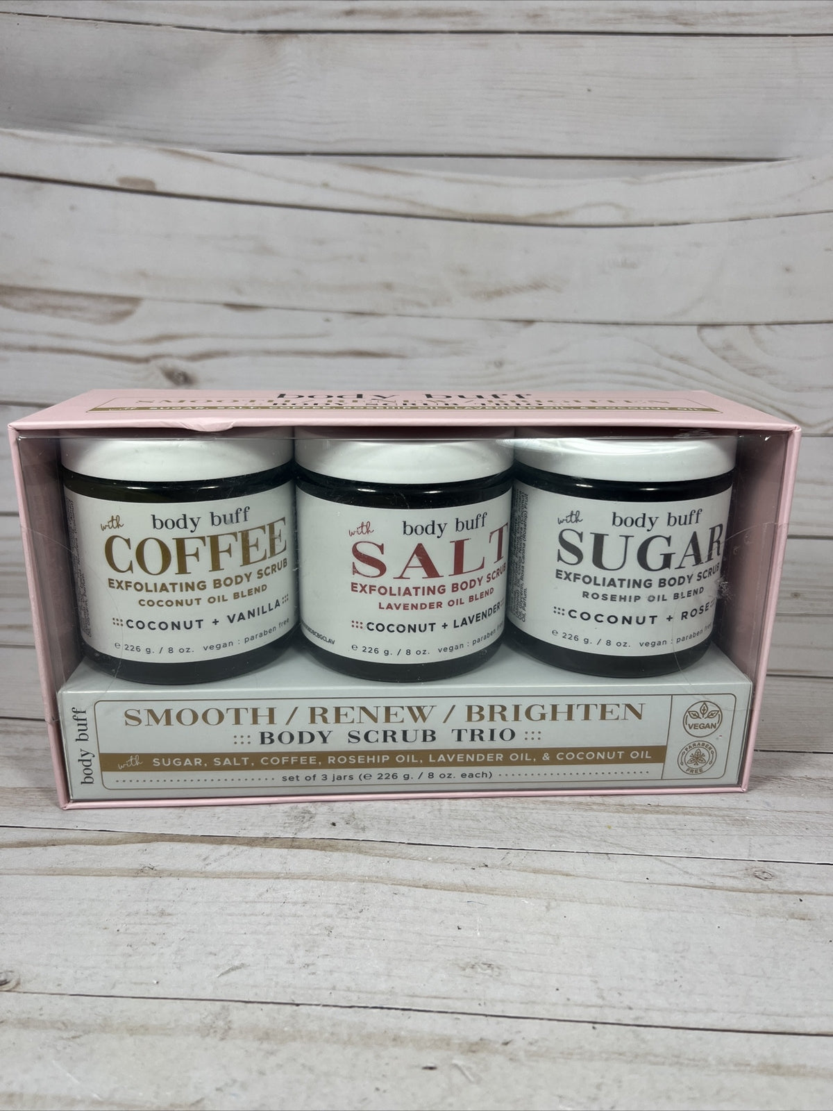 Body Buff Scrub Trio Coffee Salt Sugar Smooth Renew Brighten Coconut