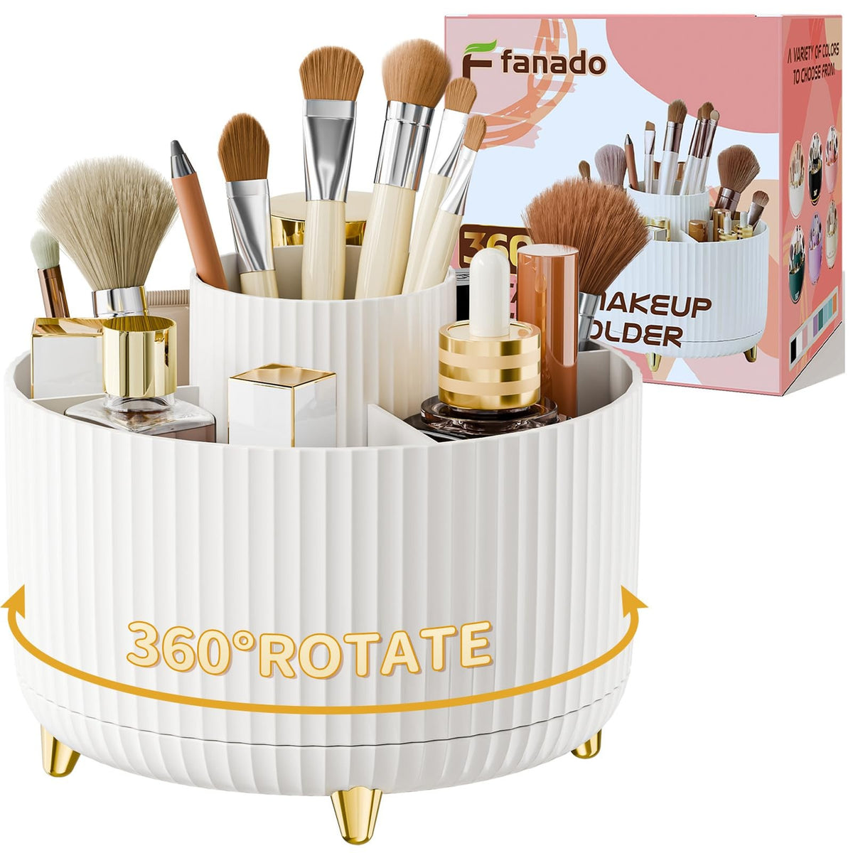 360° Rotating Makeup Brush Holder Organizer, White Vanity Storage