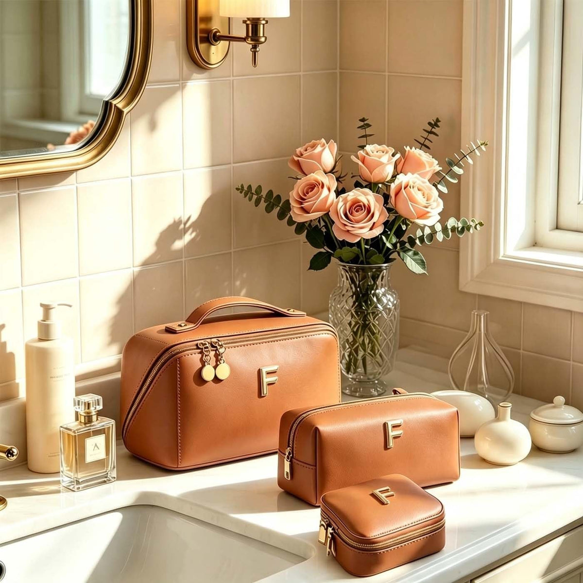 Personalized Initial Makeup Bag - Brown Travel Cosmetic Organizer