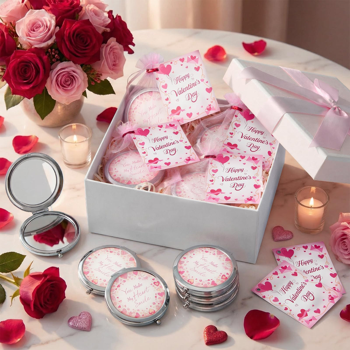 Valentine Compact Mirror Gift Set with Greeting Cards and Organza Bags - Bulk Pack of 12