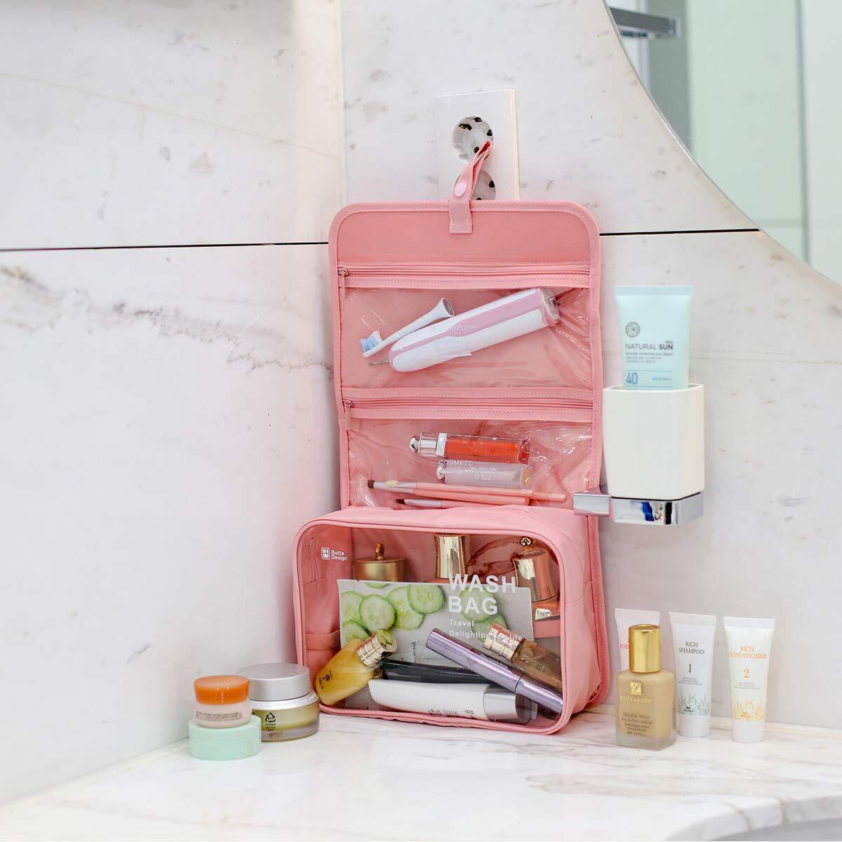 Hanging Toiletry Bag Waterproof Travel Cosmetic Organizer in Pink