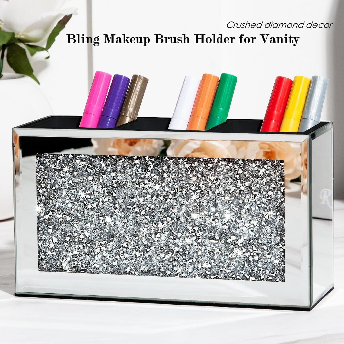 Mirrored Makeup Brush Holder Organizer with Crushed Diamond - 3 Slots