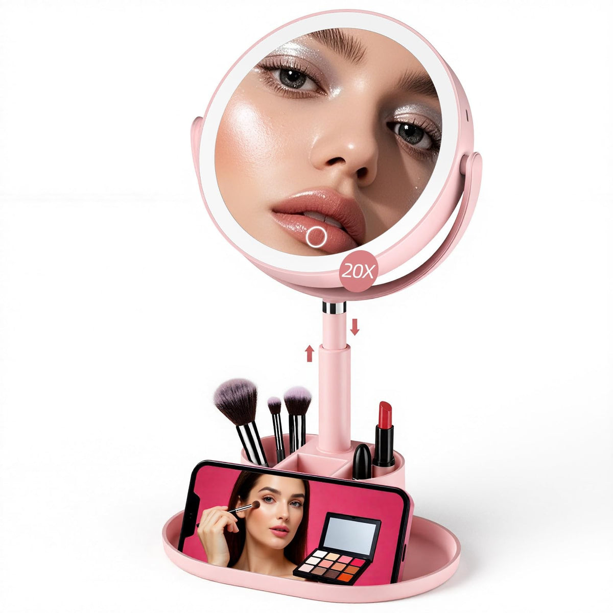 20X Magnifying Lighted Vanity Mirror with Storage - Double Sided Makeup Mirror